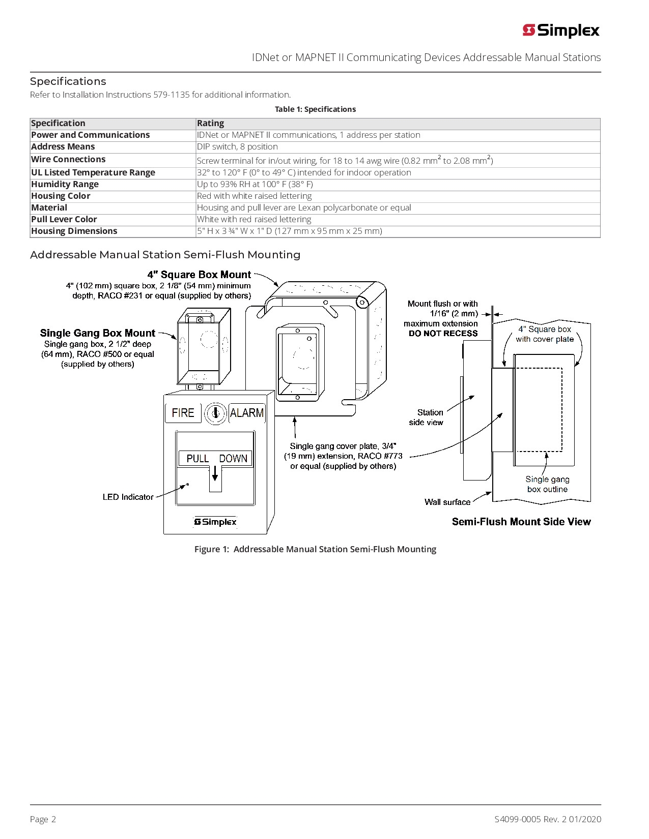 SIMPLEX Singleaction Addressable Manual Pull Station model.40999004